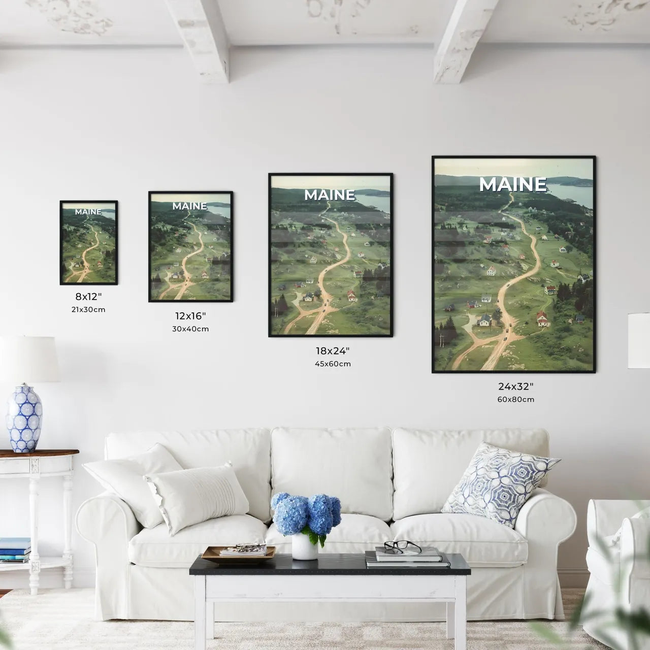 Road Trip USA, Maine Village, Vivid Painting, Artistic Landscape, Vibrant Colors Size Chart