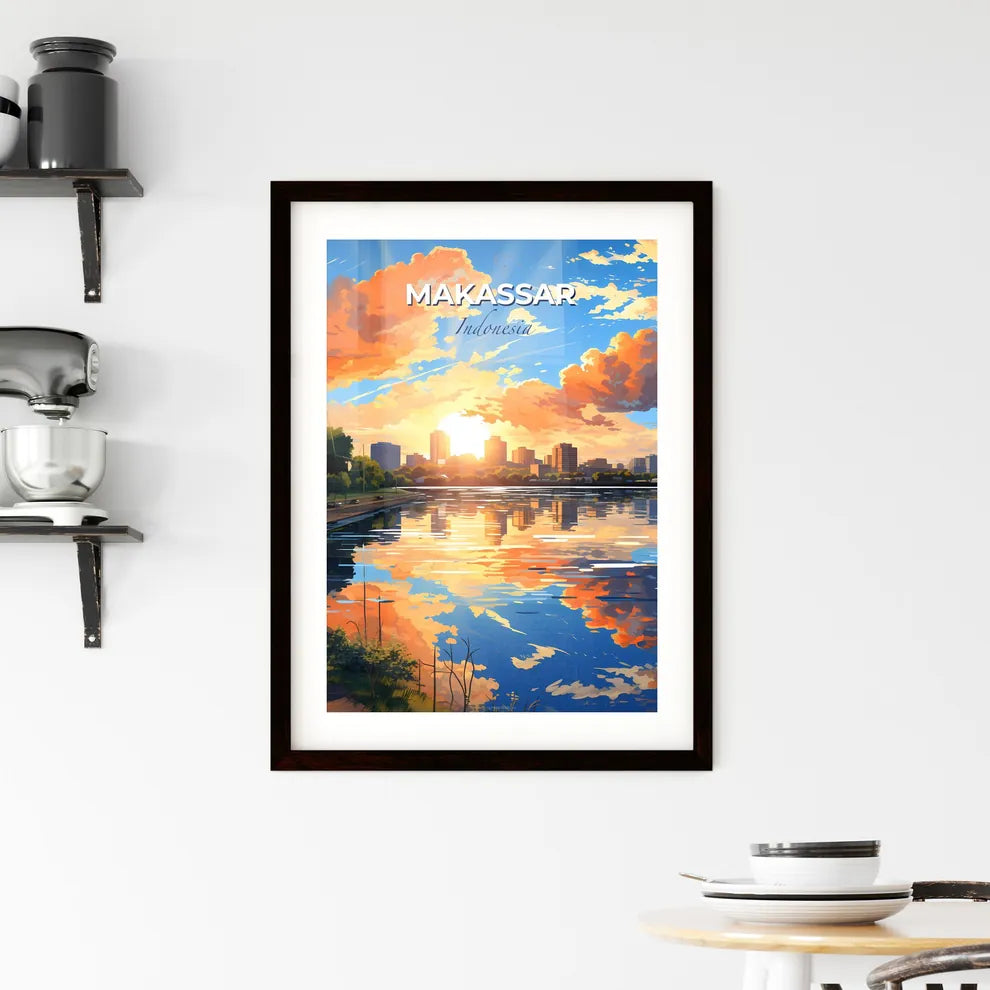 Colorful Makassar Indonesia Cityscape of Buildings at Sunset with Ocean, Cityscape, Indonesia, Makassar, Sunset, and Skyline Default Title