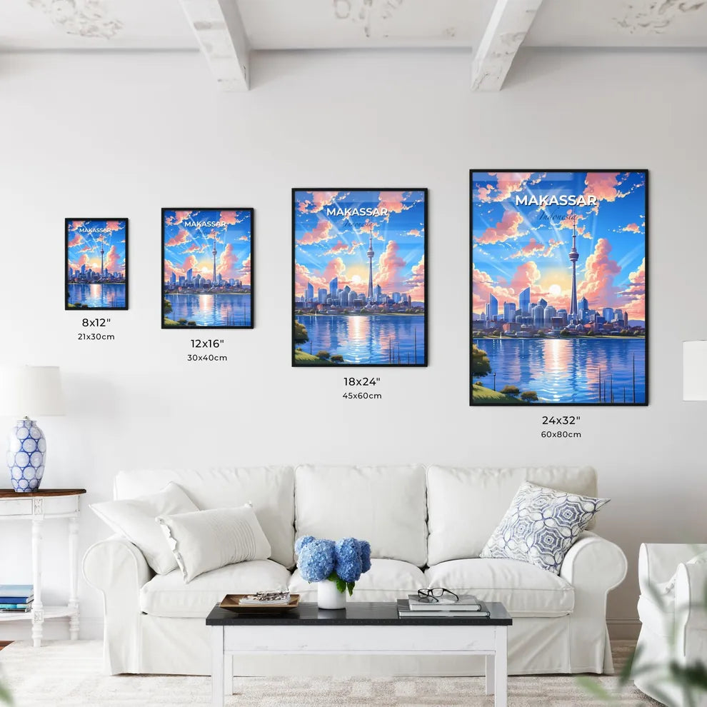 Vibrant Art Painting of Makassar Indonesia City Skyline featuring Tall Tower and Water Default Title