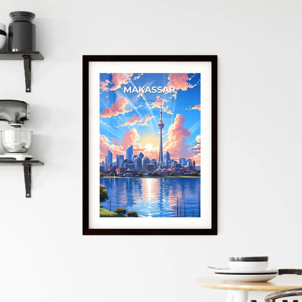 Vibrant Art Painting of Makassar Indonesia City Skyline featuring Tall Tower and Water Default Title