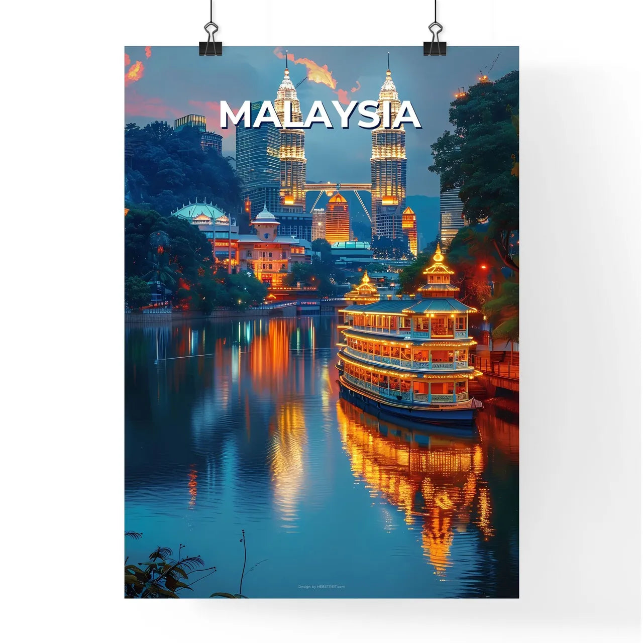 River Boat Cityscape Malaysia Art Southeast Asia Painting Vibrant Poster