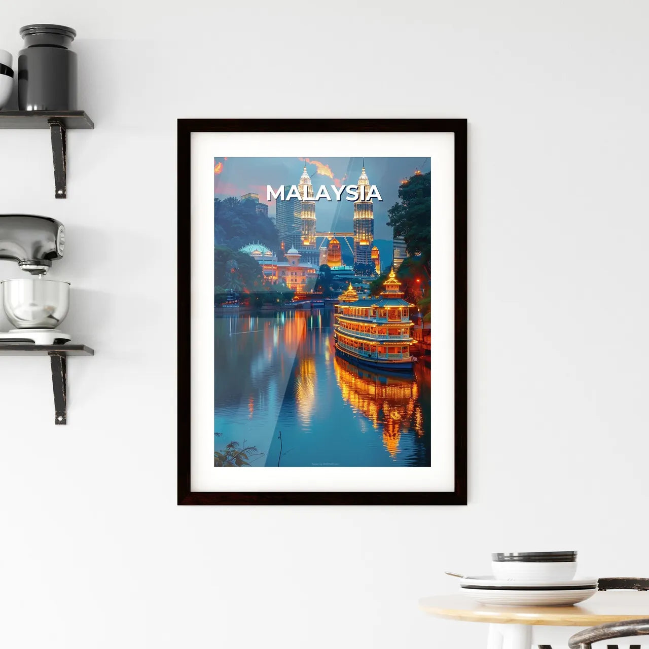 River Boat Cityscape Malaysia Art Southeast Asia Painting Vibrant Custom Print