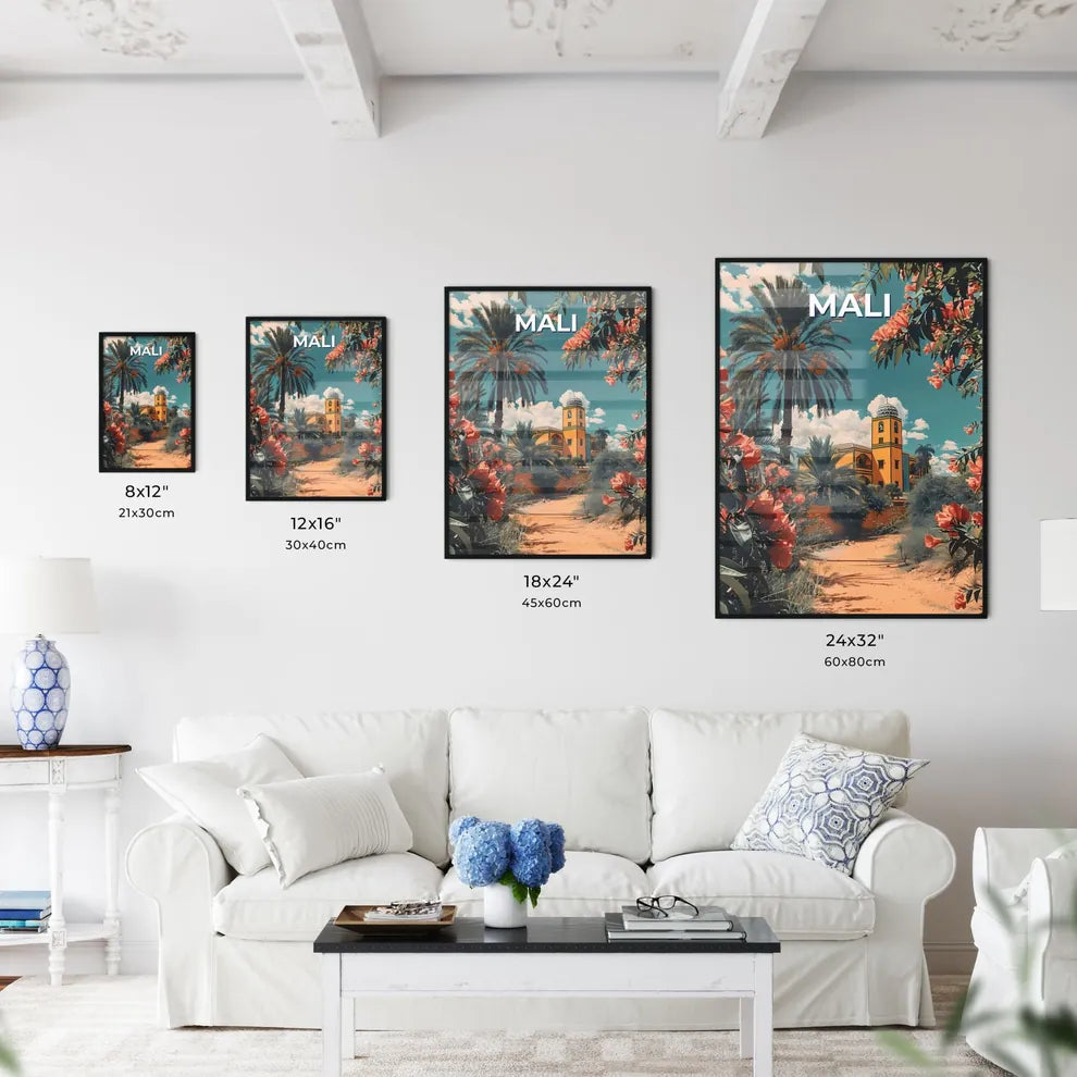 Mali, Africa Path Building Palm Trees Flowers Vibrant Painting Art Background Size Chart
