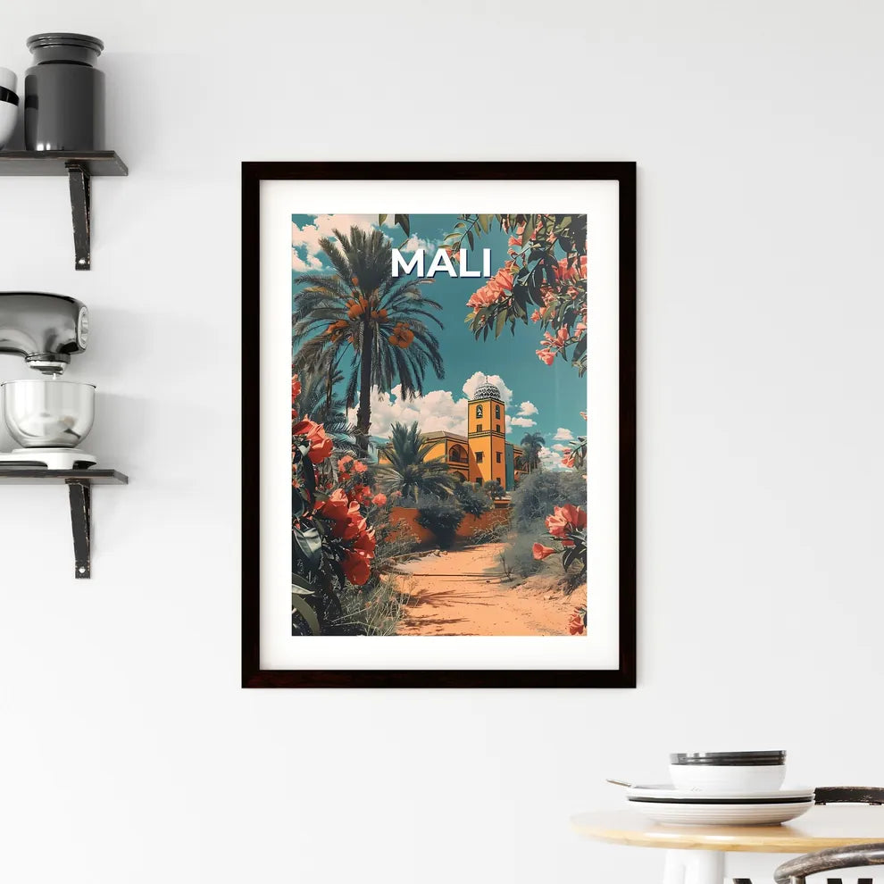 Mali, Africa Path Building Palm Trees Flowers Vibrant Painting Art Background Custom Print