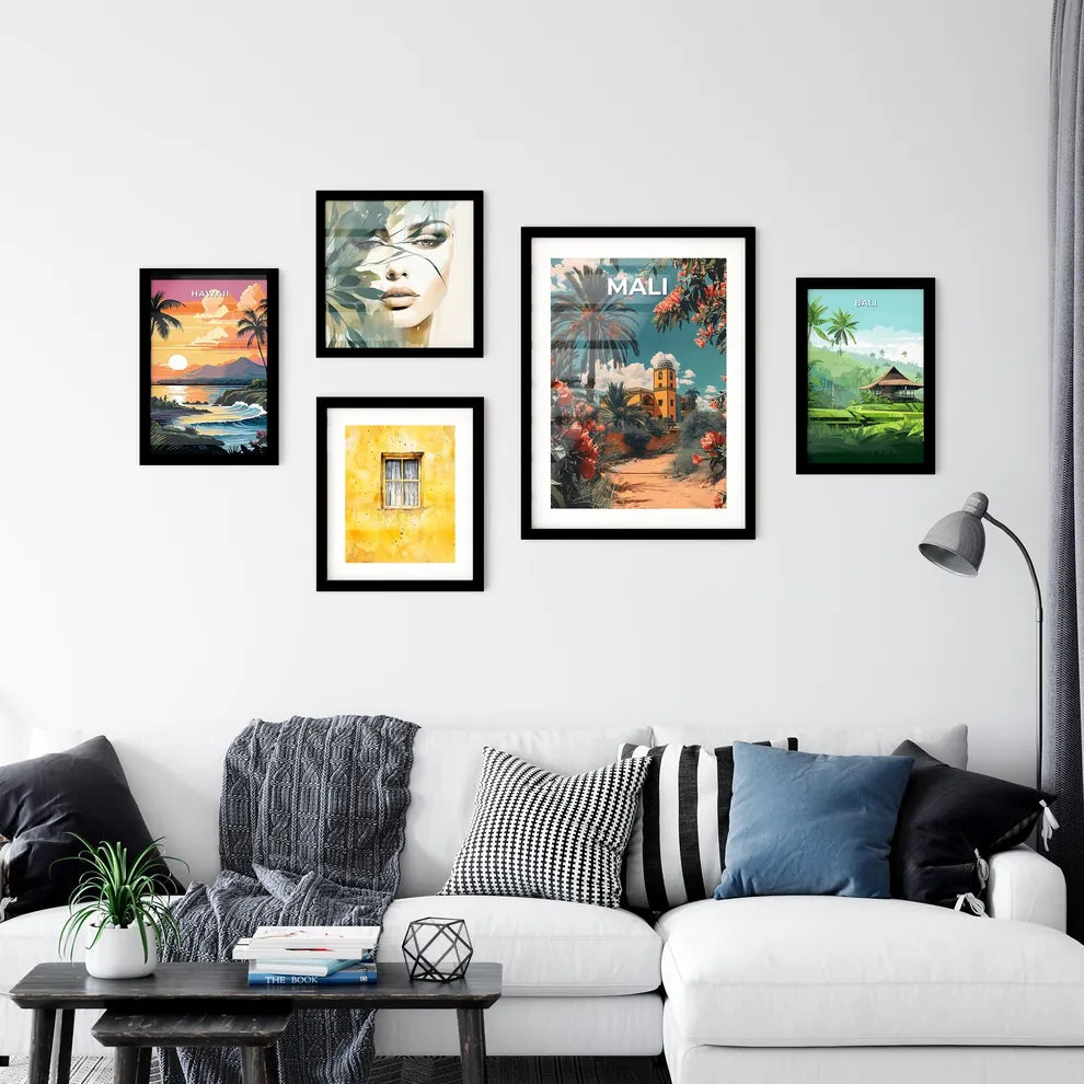 Mali, Africa Path Building Palm Trees Flowers Vibrant Painting Art Background Interior Design