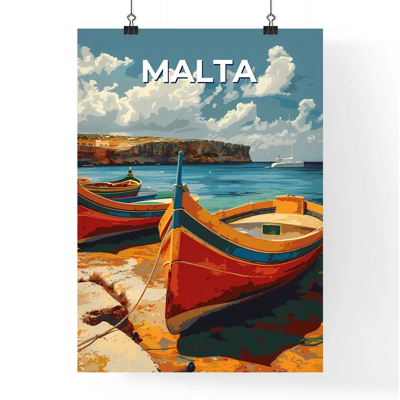 Malta Europe Boats Colorful Artwork Watercol Poster