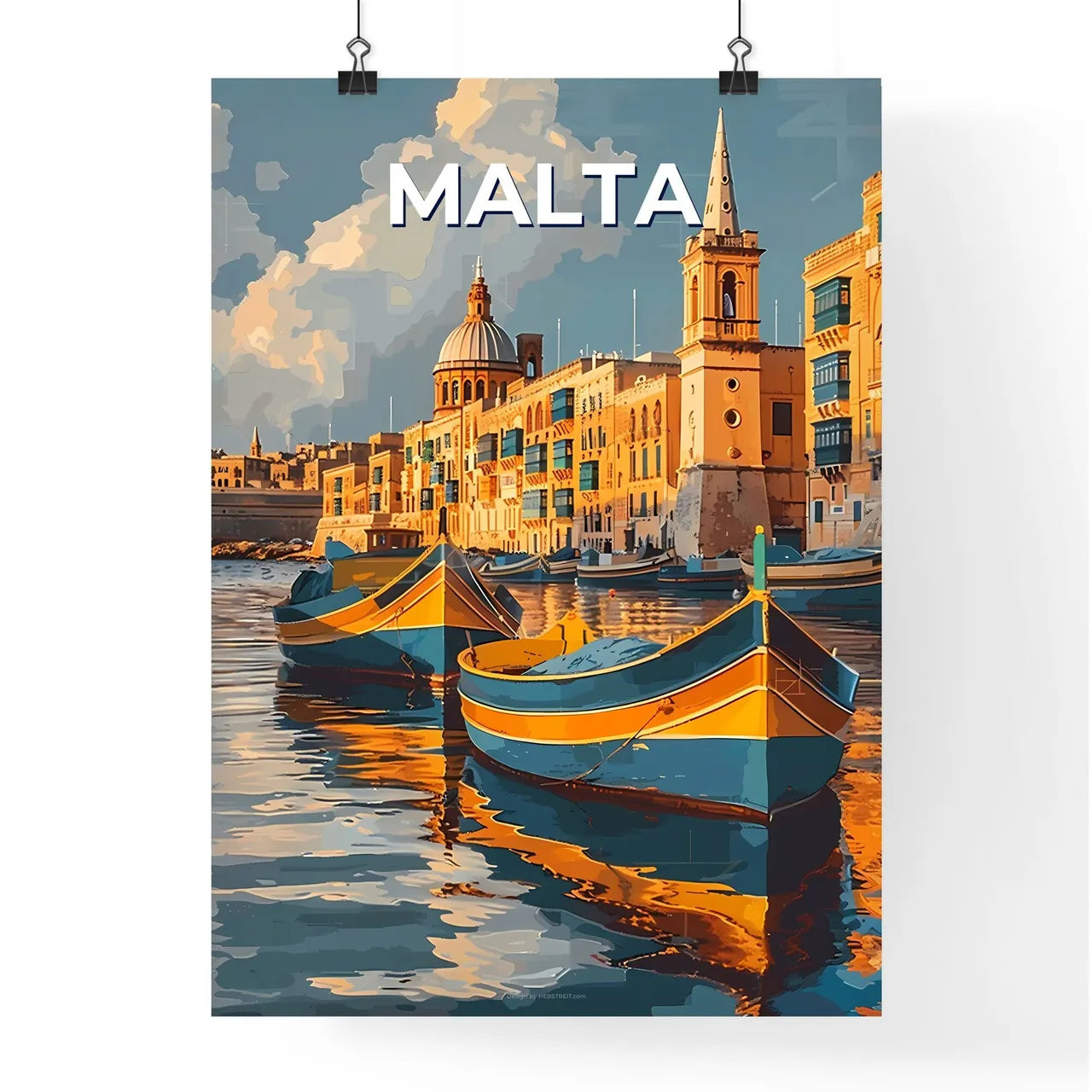 Malta Art, Boats, Building, Europe, Painting, Sea, Water Poster