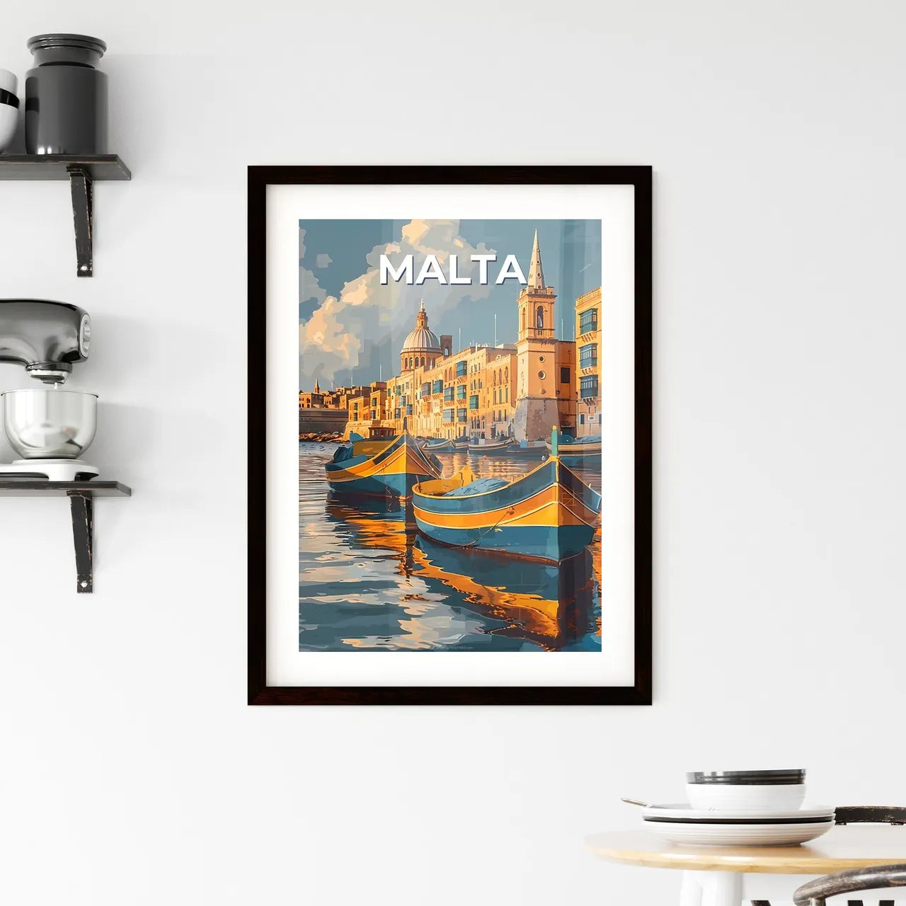 Malta Art, Boats, Building, Europe, Painting, Sea, Water Custom Print
