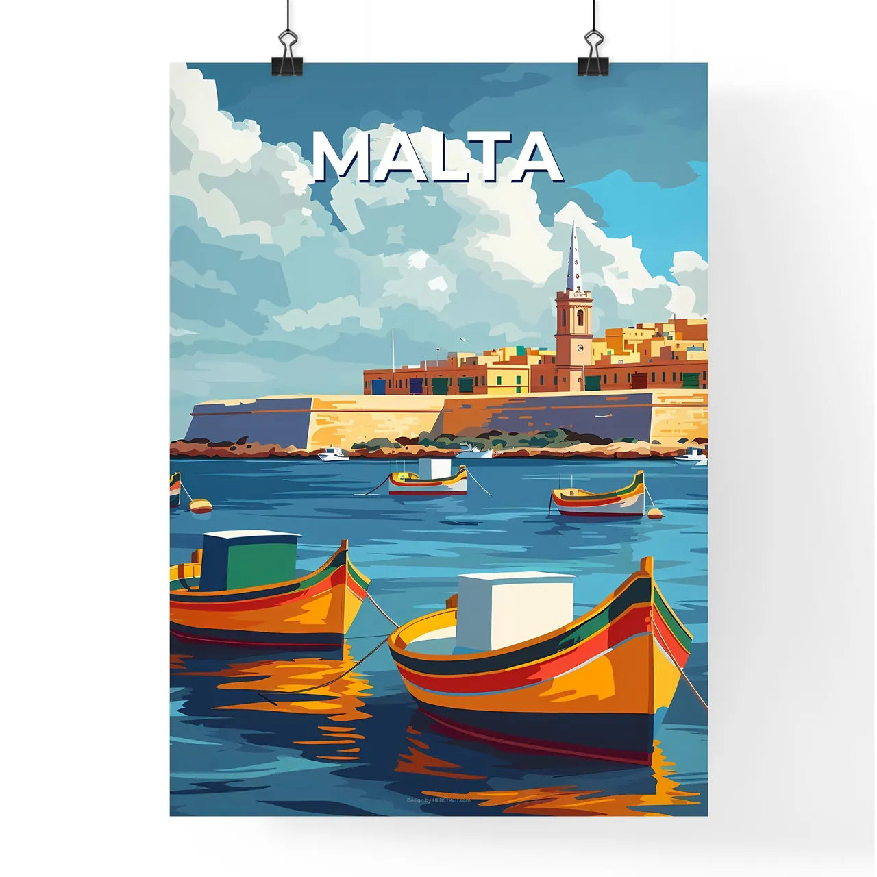 Malta, Europe: Calm Sea Castle Port Boats Painting Vibrant Art Cityscape Poster
