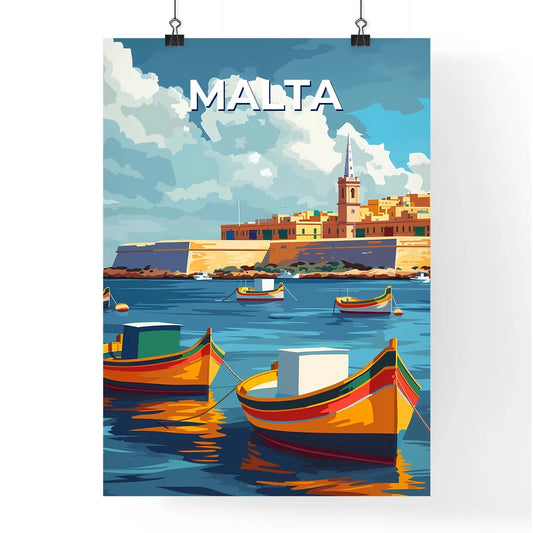 Malta, Europe: Calm Sea Castle Port Boats Painting Vibrant Art Cityscape Poster