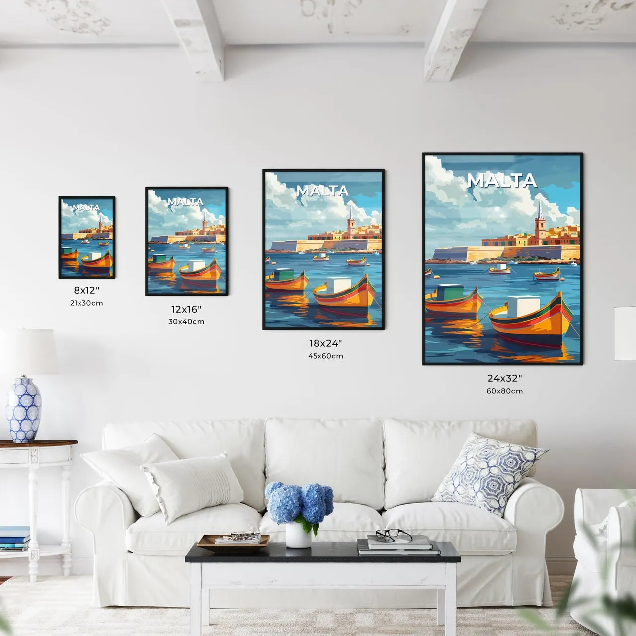 Malta, Europe: Calm Sea Castle Port Boats Painting Vibrant Art Cityscape Size Chart