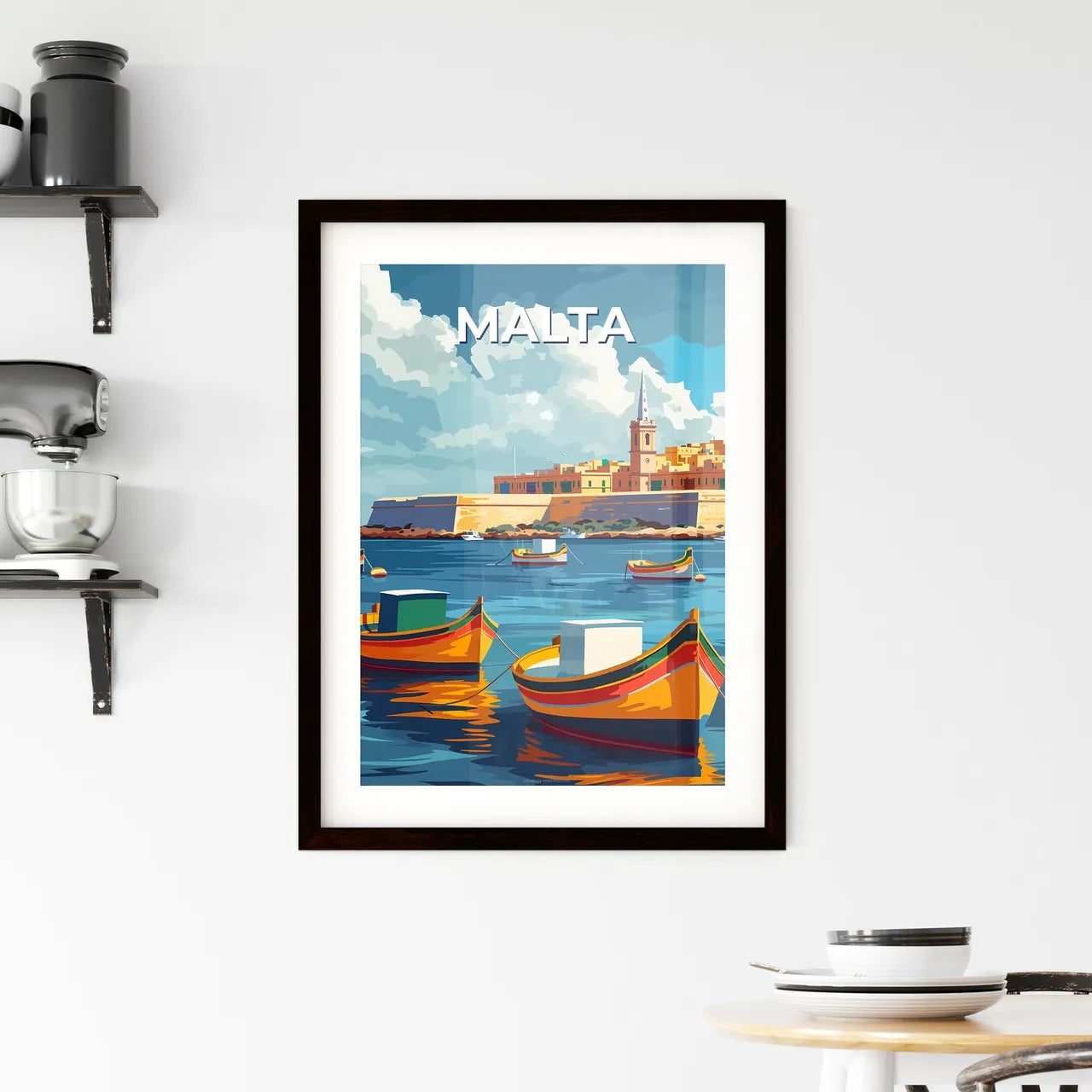 Malta, Europe: Calm Sea Castle Port Boats Painting Vibrant Art Cityscape Custom Print