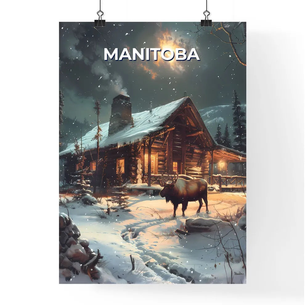 Vibrant Moose Painting in Front of a Rustic Log Cabin, Manitoba, Canada Poster