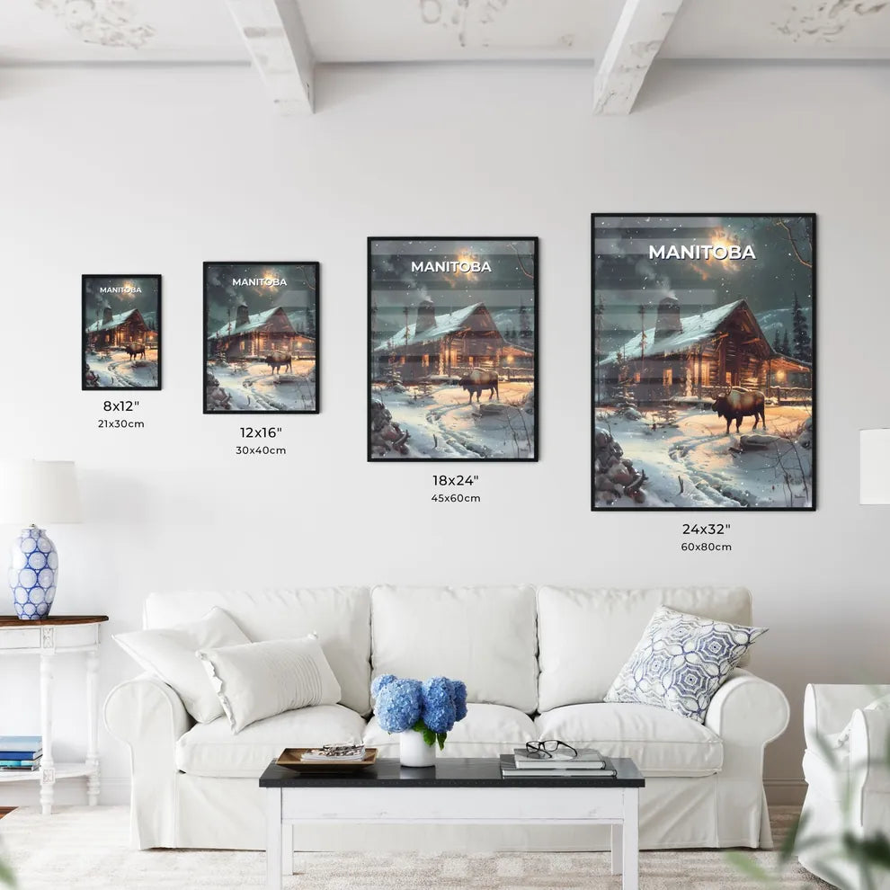 Vibrant Moose Painting in Front of a Rustic Log Cabin, Manitoba, Canada Size Chart