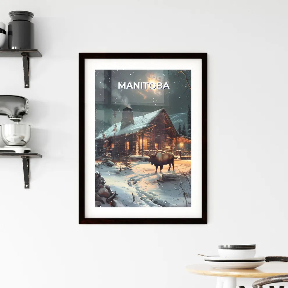 Vibrant Moose Painting in Front of a Rustic Log Cabin, Manitoba, Canada Custom Print