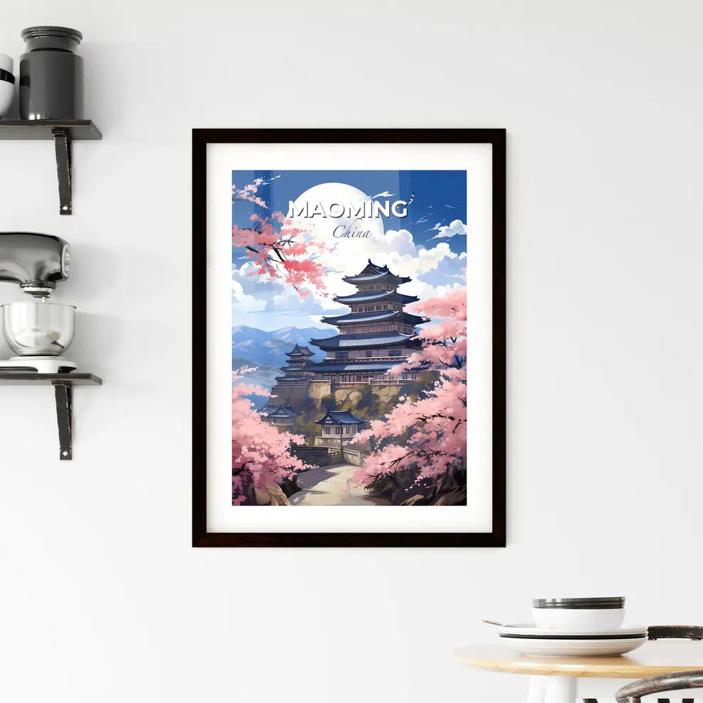 Vibrant Painting of Maoming China Skyline Featuring Building on Hilltop Adorned with Cherry Blossoms Default Title