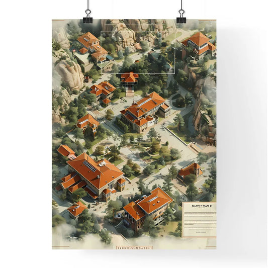 Vibrant Aerial Town Art Over Ravenwing Schoolhouse - Colorful Illustration Poster