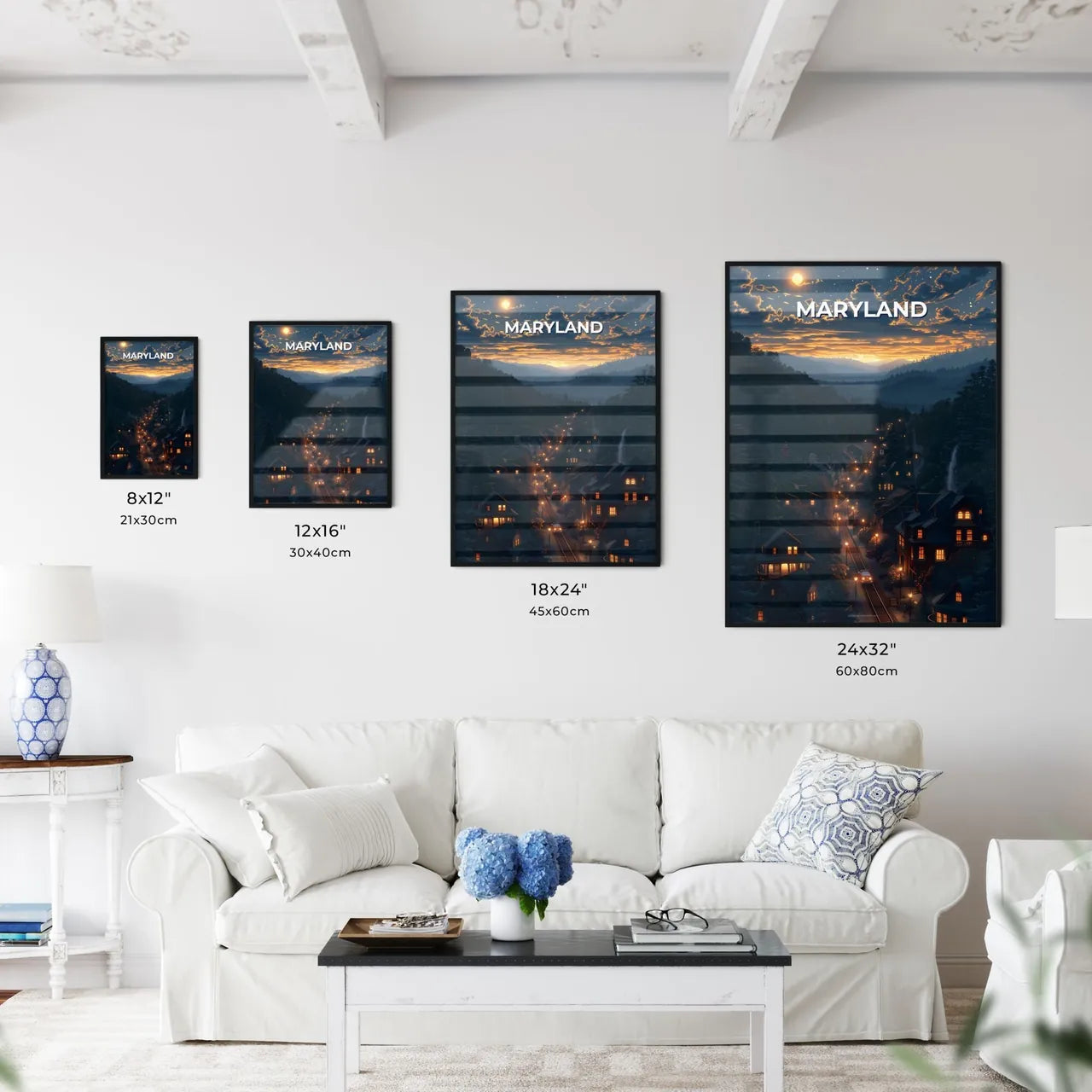 Maryland Art Painting Cityscape Roadside Lights Vibrant Canvas Print Poster Size Chart