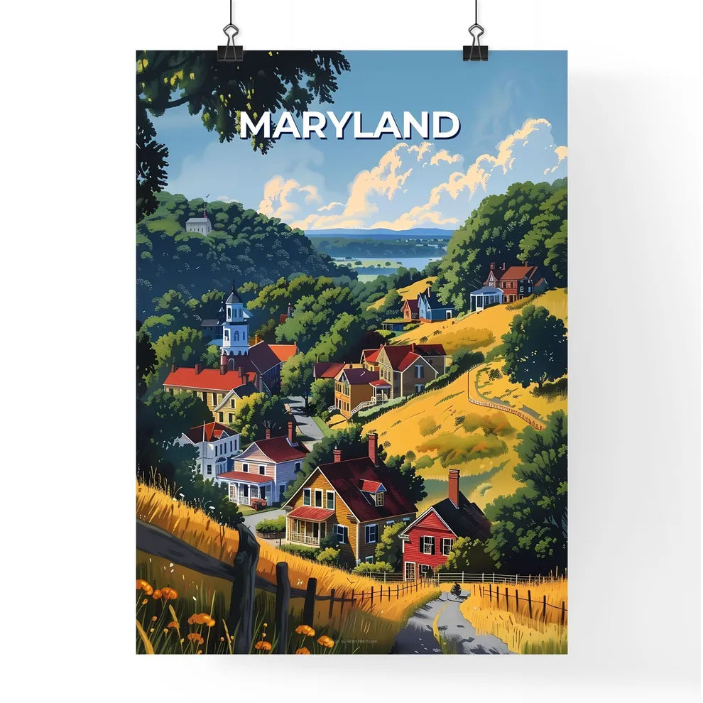 Vibrant Painting of a Charming Hilltop Village in Maryland, USA Poster