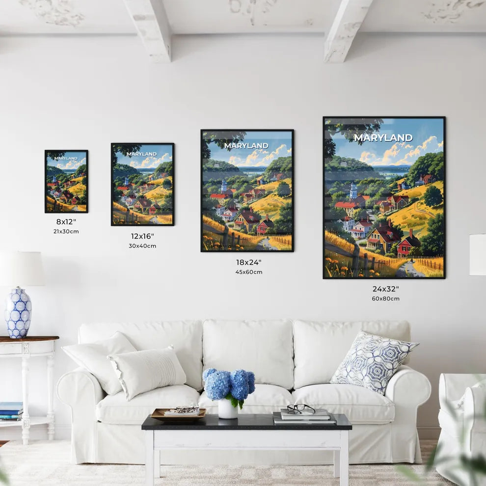 Vibrant Painting of a Charming Hilltop Village in Maryland, USA Size Chart