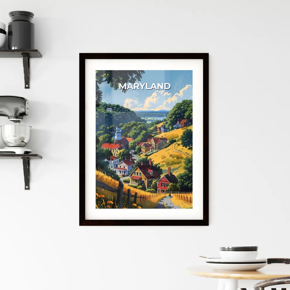 Vibrant Painting of a Charming Hilltop Village in Maryland, USA Custom Print
