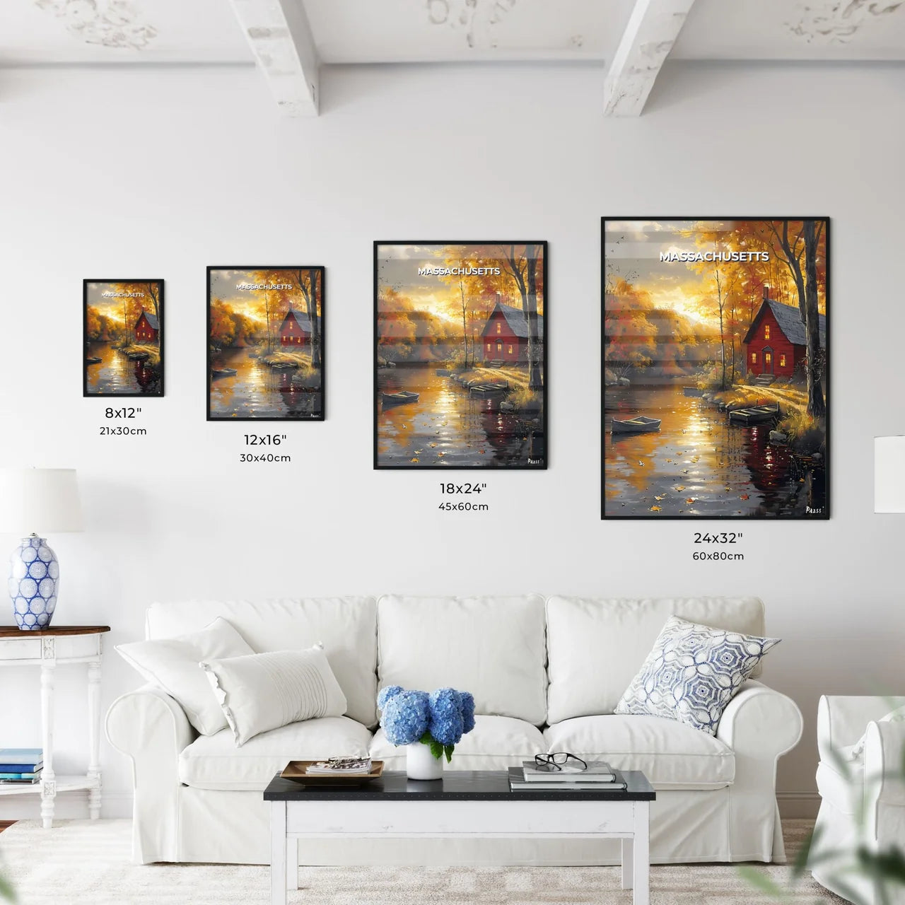 Colorful Painting of a House on the Water in Massachusetts Size Chart