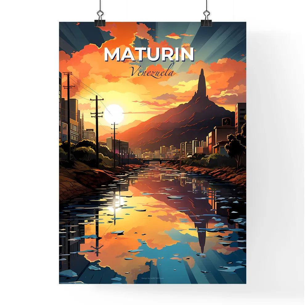 Colorful Maturin Venezuela City Skyline Painting with River and Mountain Background Default Title