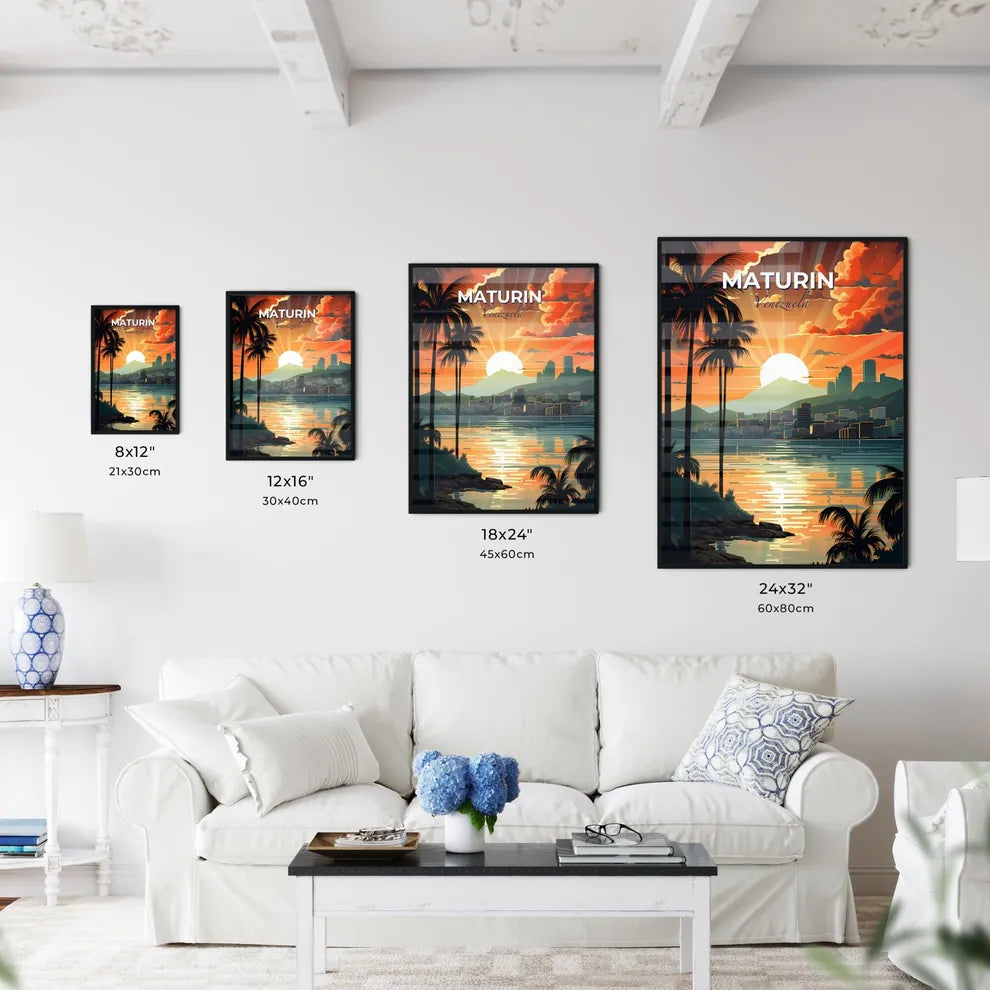 Venezuelan City Skyline in Sunset Hues: Maturin Panorama Emphasizing Artistic Interpretation Default Title