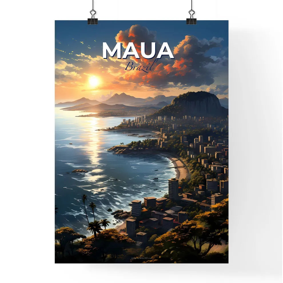 Vibrant Art Deco Cityscape Painting Depicting Maua Brazil Skyline by Coastal Waters Default Title