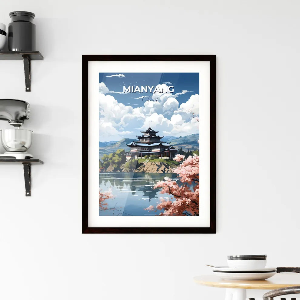 Vibrant Painting of Mianyang China Skyline Depicting Building on Hill Surrounded by Water and Trees Default Title