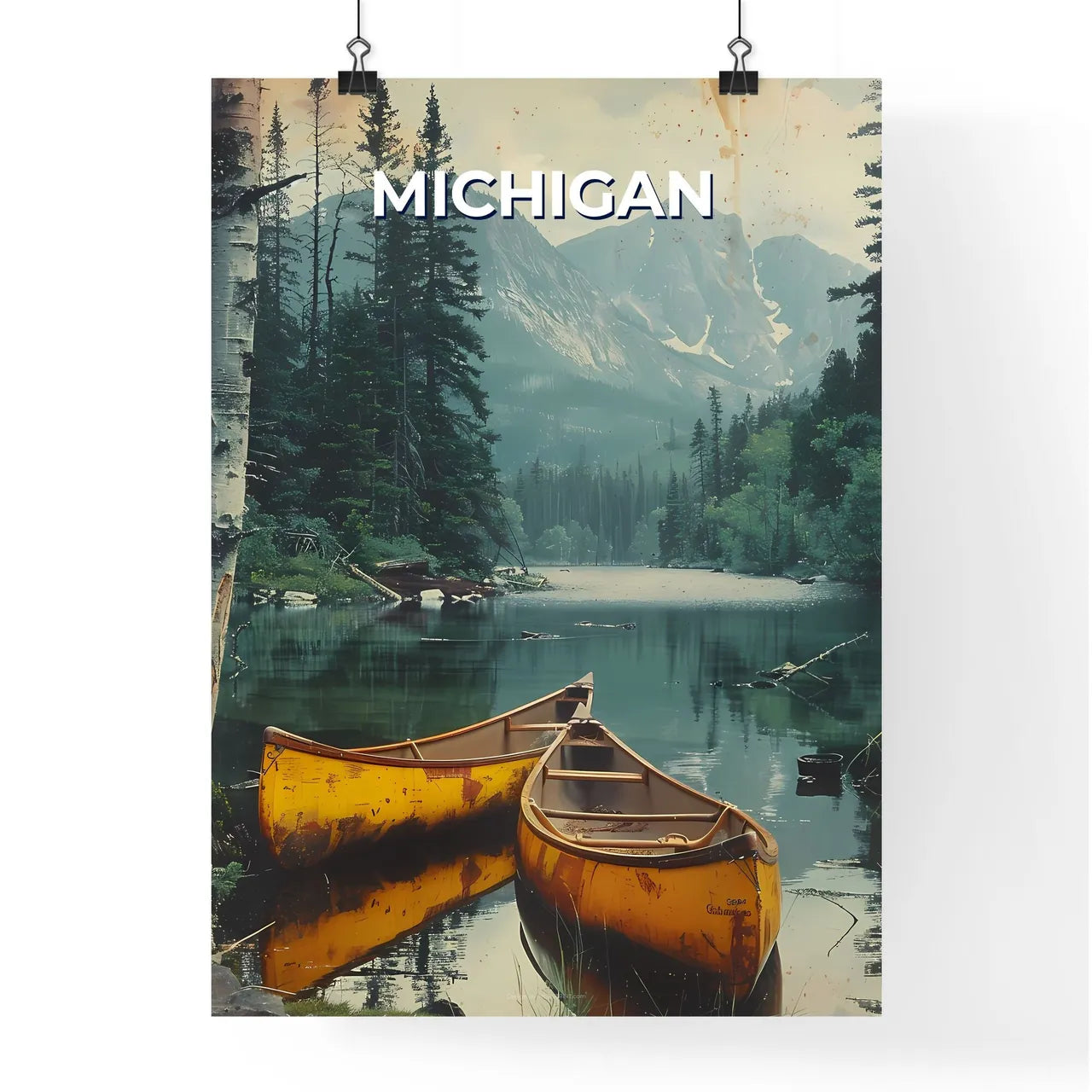 Vibrant Art Depiction of Canoes on a Serene  Poster