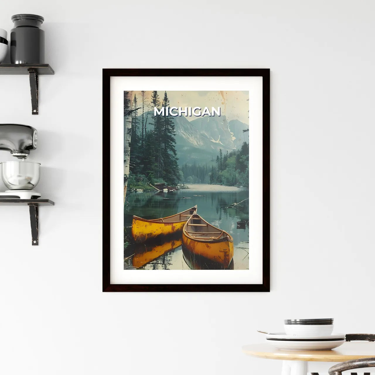 Vibrant Art Depiction of Canoes on a Serene  Framed Print