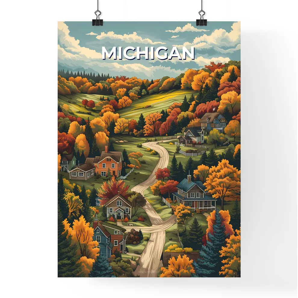Impressionistic Landscape of Michigan Village, USA, Featuring Houses, Trees, and Artistic Flair Poster