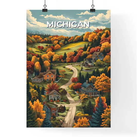 Impressionistic Landscape of Michigan Village, USA, Featuring Houses, Trees, and Artistic Flair Poster