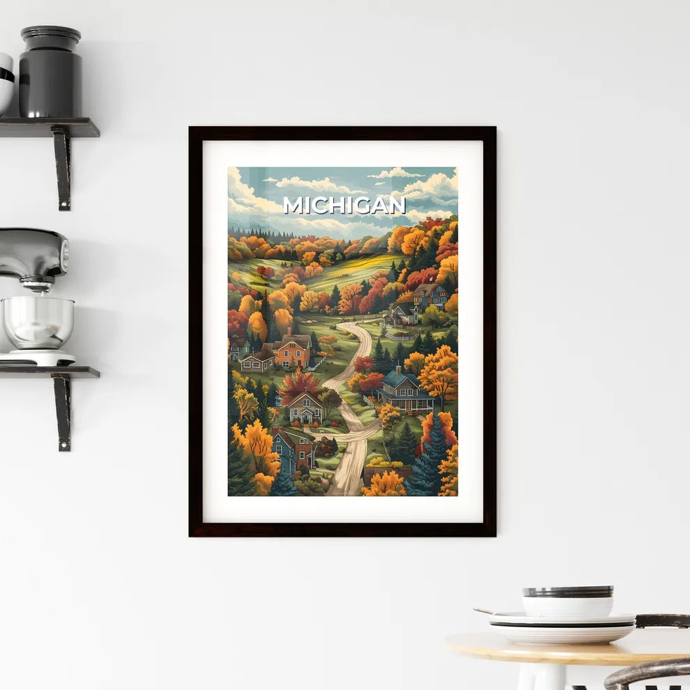 Impressionistic Landscape of Michigan Village, USA, Featuring Houses, Trees, and Artistic Flair Custom Print