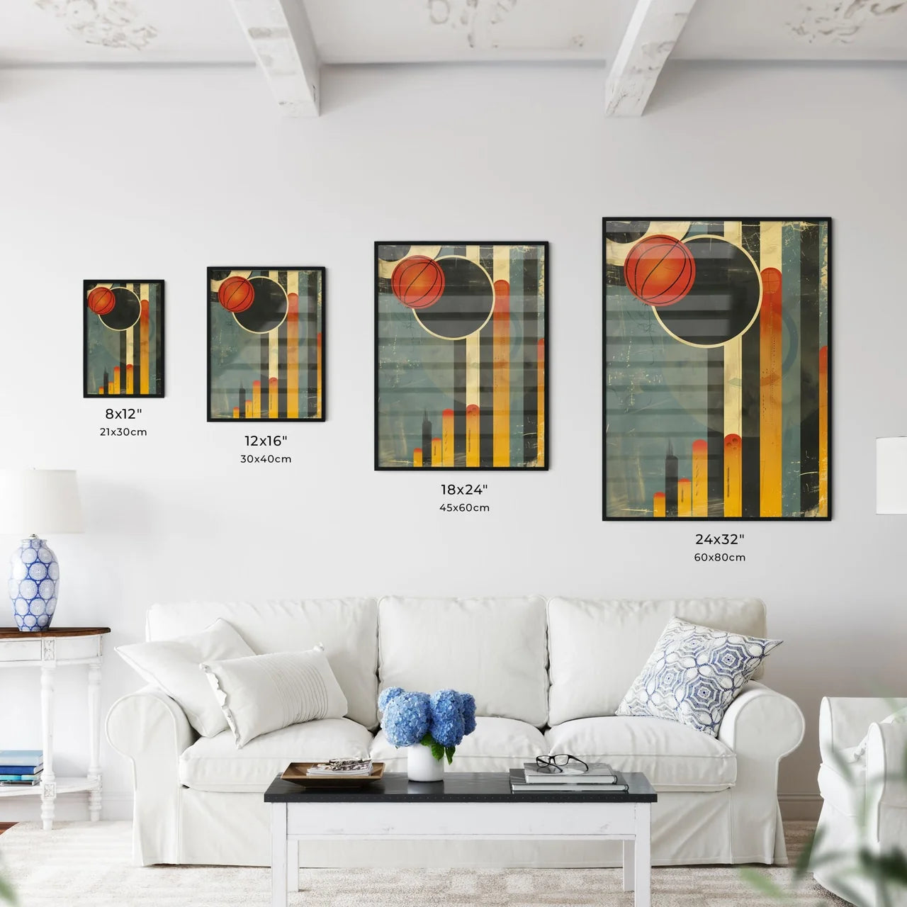Vibrant Bauhaus Fun Art Poster Depicting Abstract Basketball Painting Size Chart