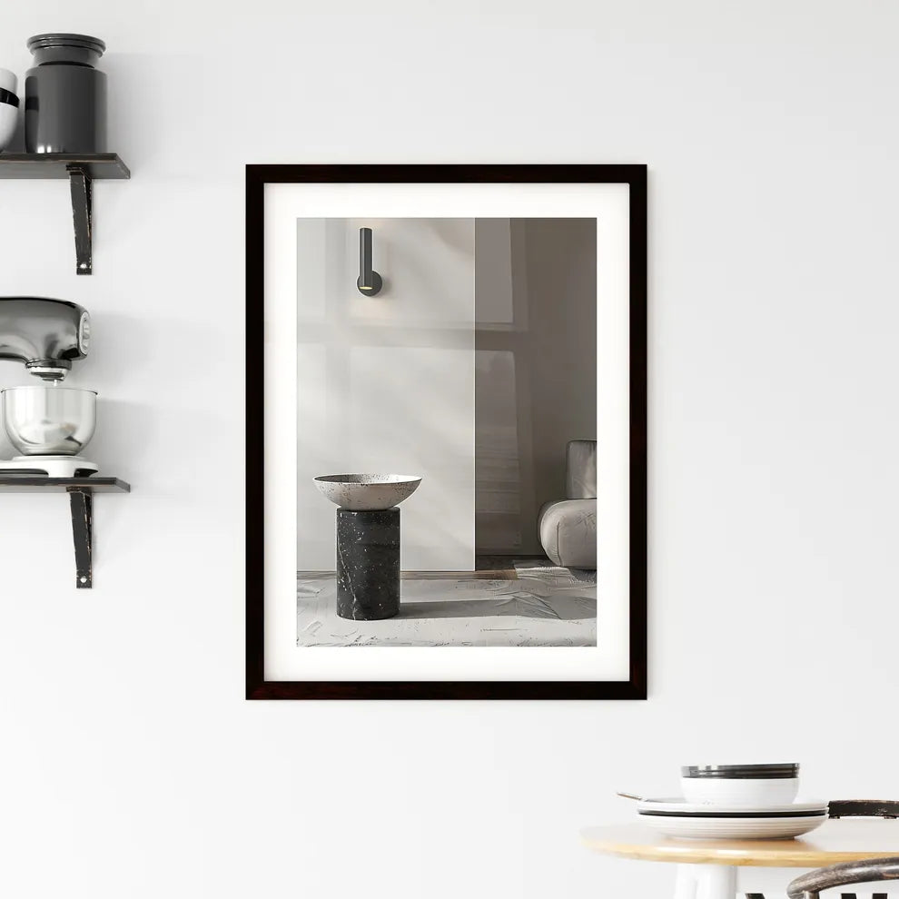 Minimalist black and white side table with c Framed Print