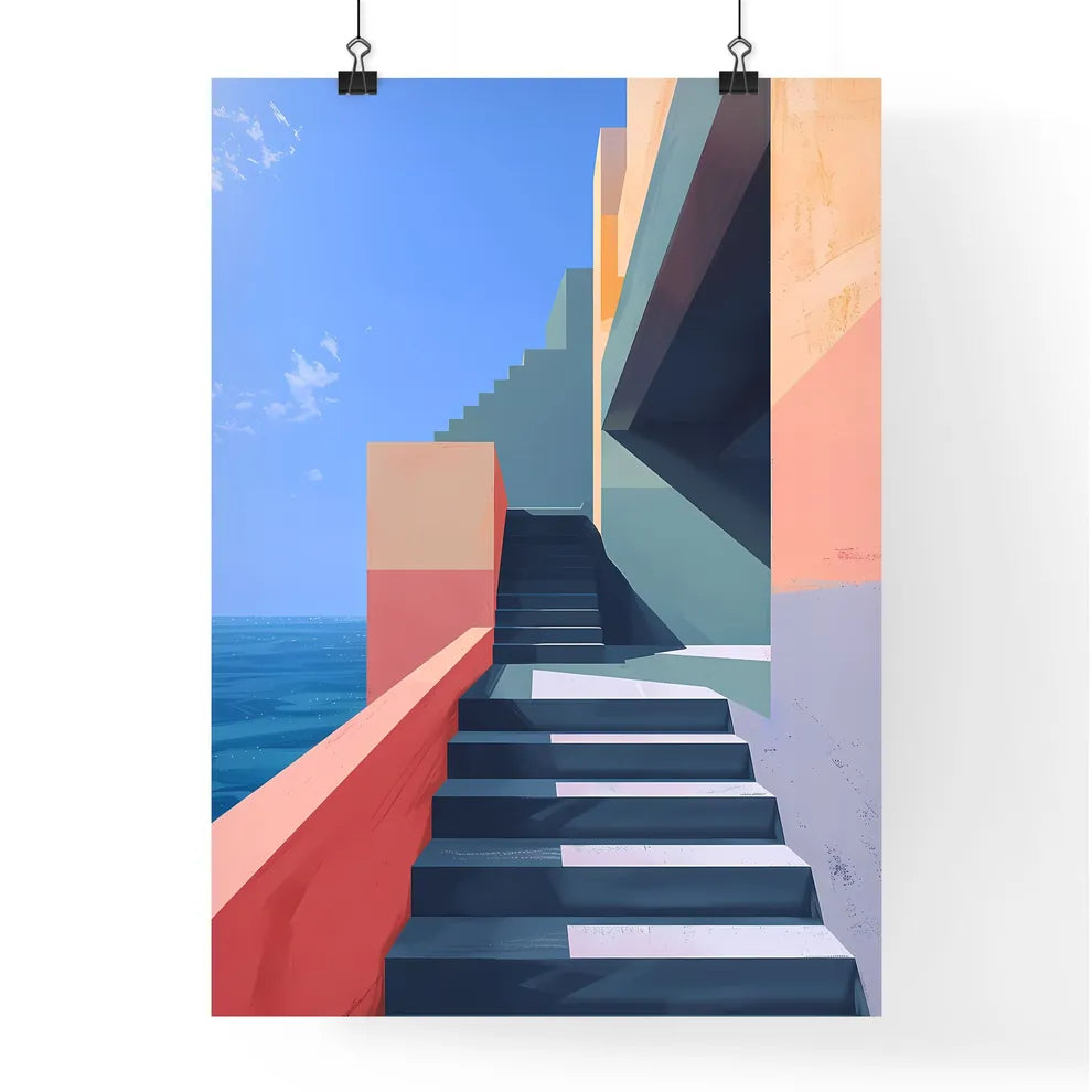 Modern architectural art print with geometric shapes and bold colors, depicting stairs leading to a building Poster