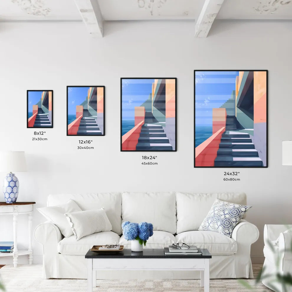 Modern architectural art print with geometric shapes and bold colors, depicting stairs leading to a building Size Chart
