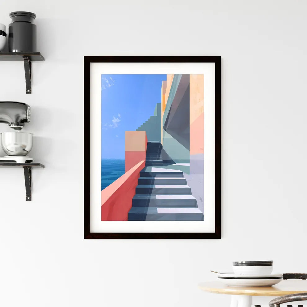 Modern architectural art print with geometric shapes and bold colors, depicting stairs leading to a building Custom Print