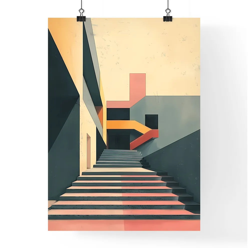 Vibrant Architectural Canvas Art: Modern Staircase Painting with Geometric Accents, No Text, Clean Design Poster