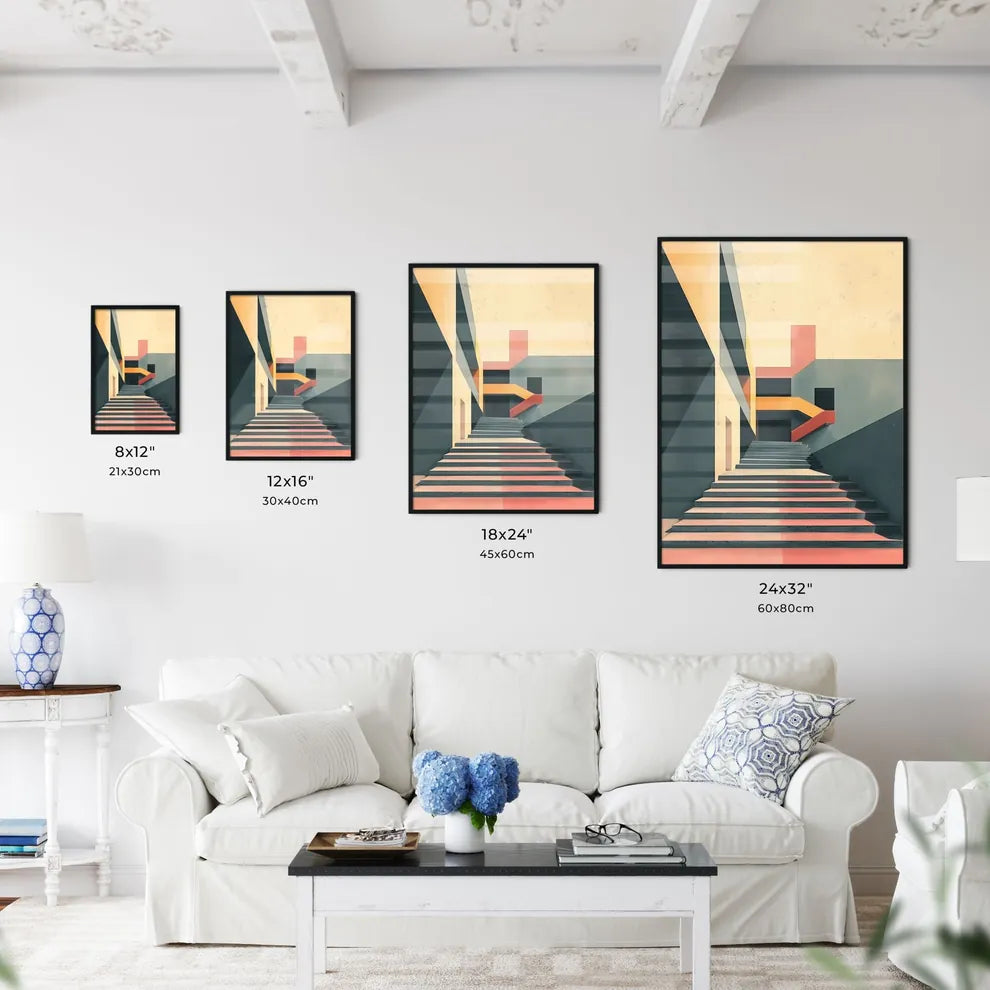 Vibrant Architectural Canvas Art: Modern Staircase Painting with Geometric Accents, No Text, Clean Design Size Chart