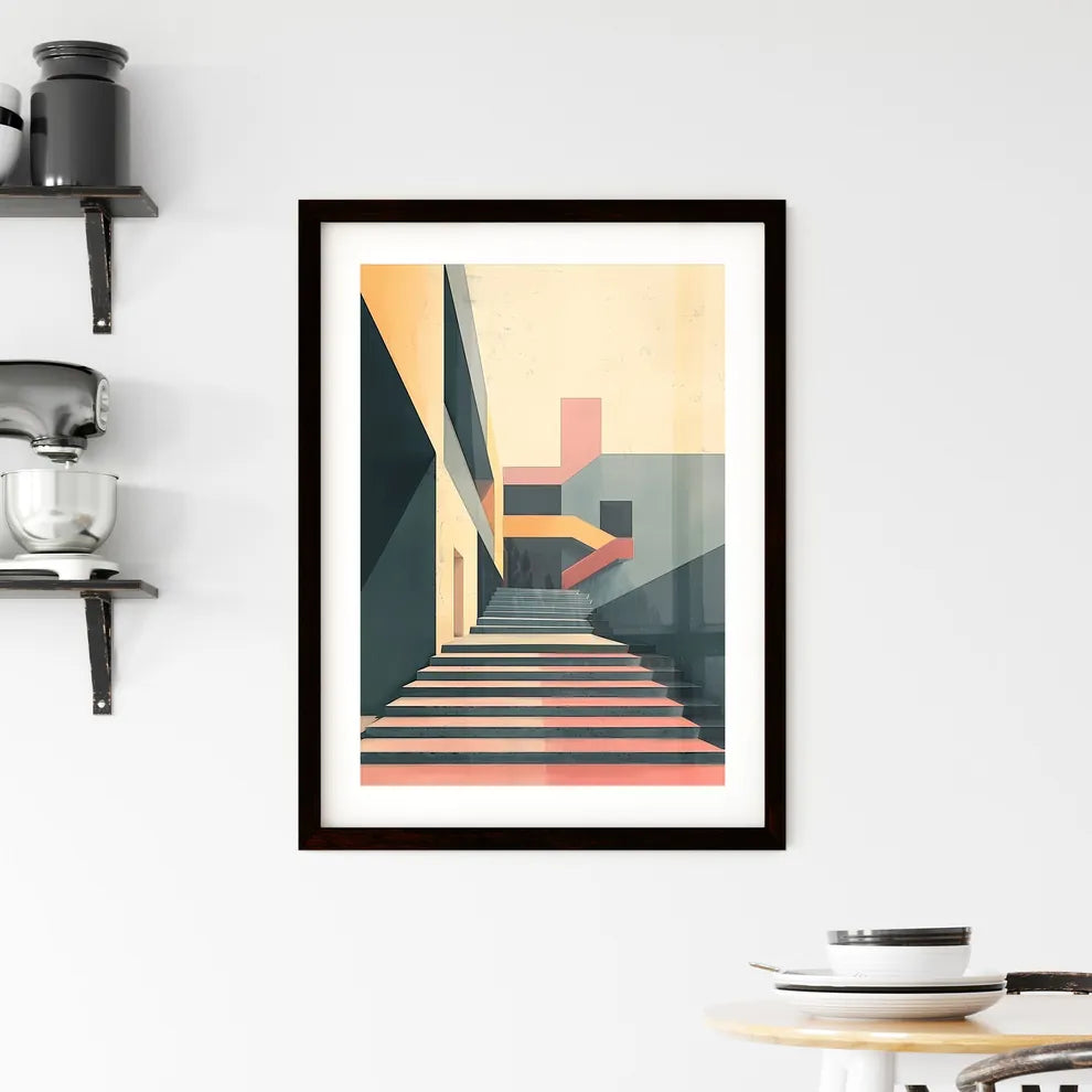 Vibrant Architectural Canvas Art: Modern Staircase Painting with Geometric Accents, No Text, Clean Design Custom Print