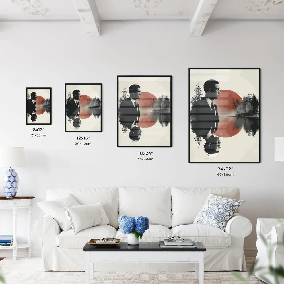 Modern art poster background with a man in a suit standing in water Size Chart