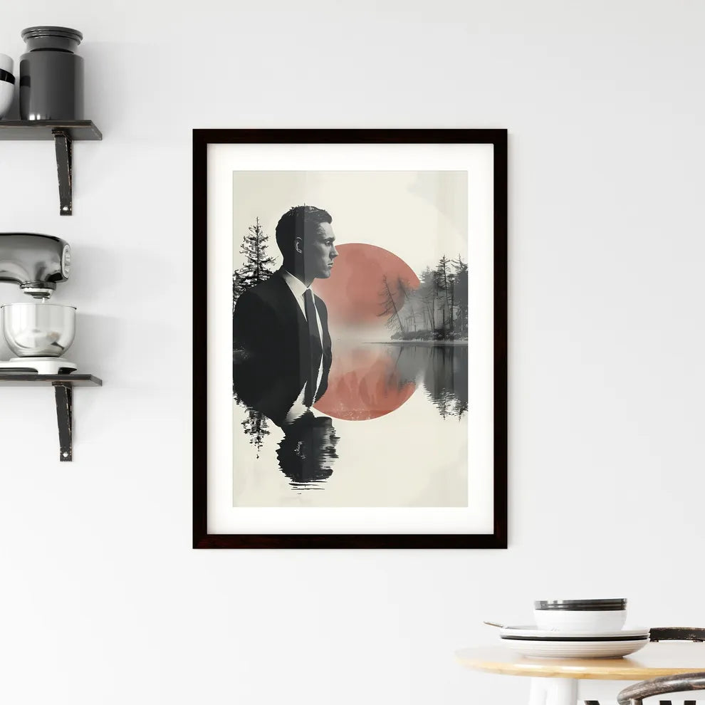 Modern art poster background with a man in a suit standing in water Hangings