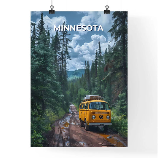 Vibrant Painting of Yellow Van on Muddy Fore Poster