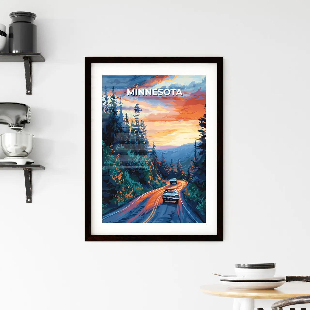 Vibrant Painting of Cars on Road in Minnesot Framed Print