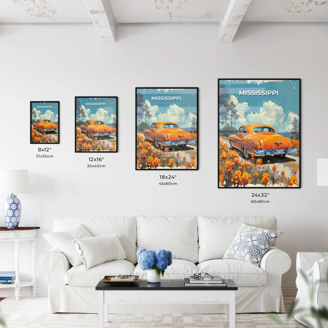 Mississippi Highway Floral Painting, Vibrant Orange Car Amidst Blossoms Size Chart