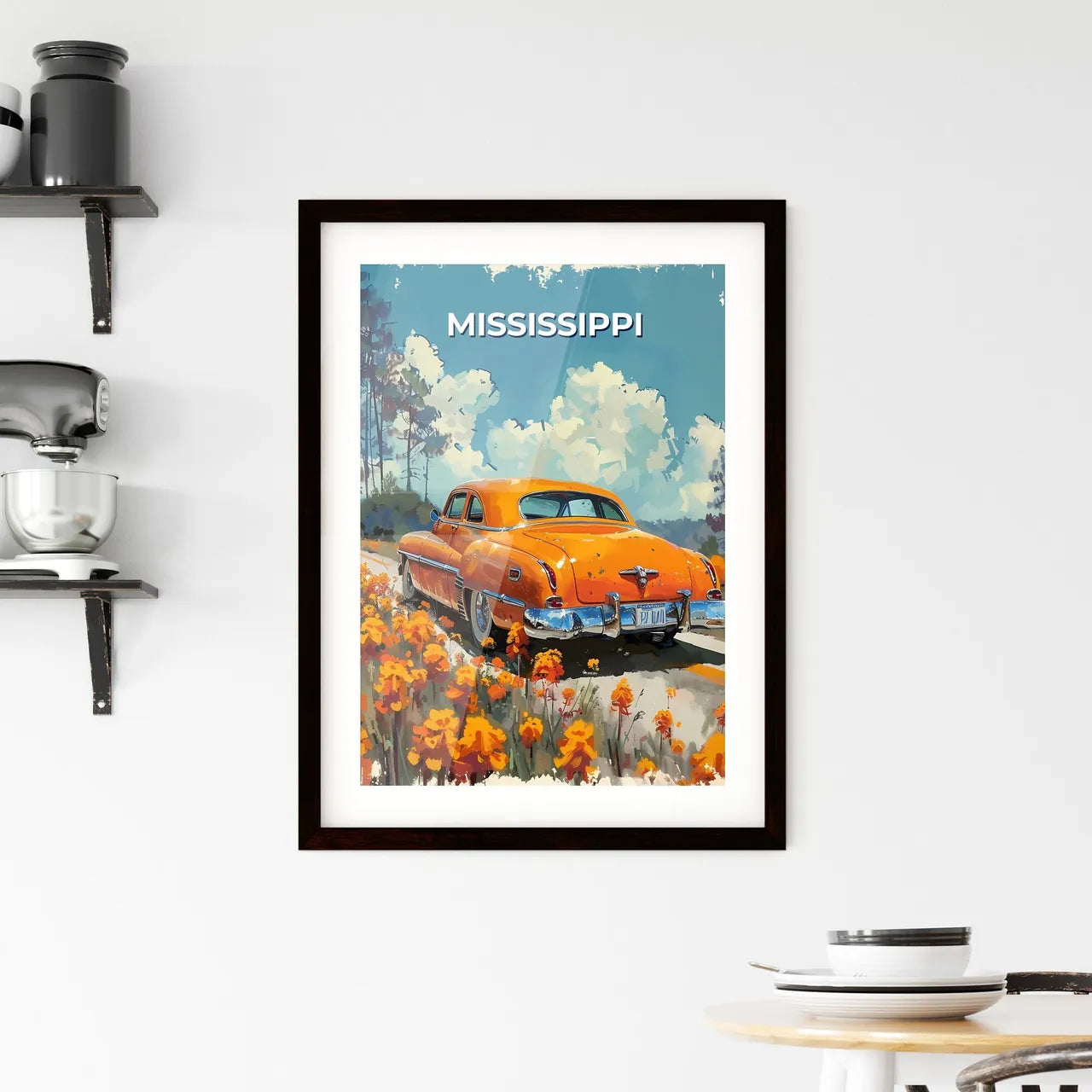 Mississippi Highway Floral Painting, Vibrant Orange Car Amidst Blossoms Custom Print