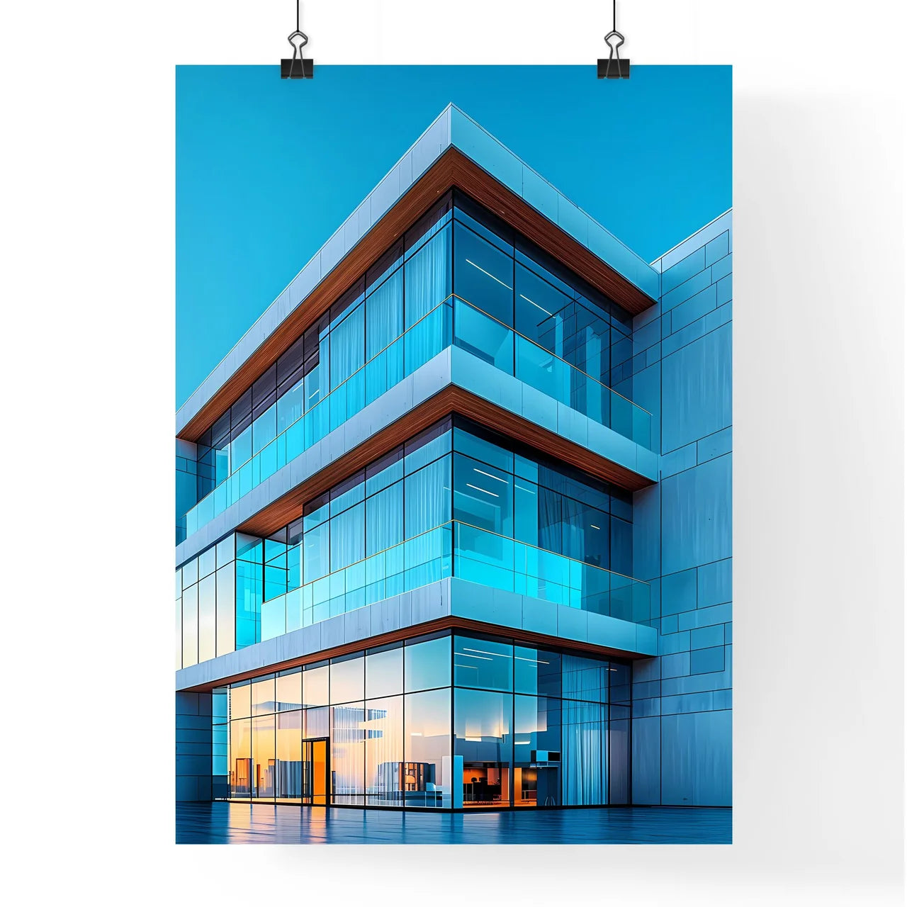 Abstract painting with blue sky and building Glass Windows Poster